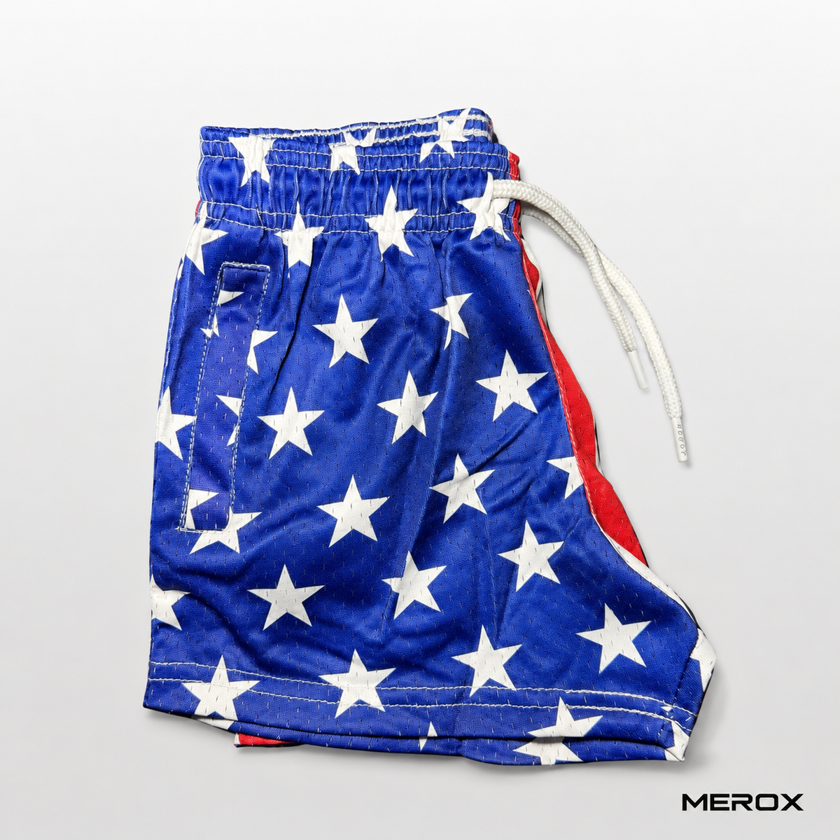 MEROX Youth USA Flag Mesh Shorts blue stars side view with zipper pocket