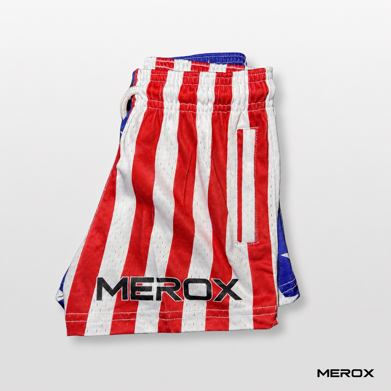 MEROX Youth USA Flag Mesh Shorts red stripes side view with zipper pocket