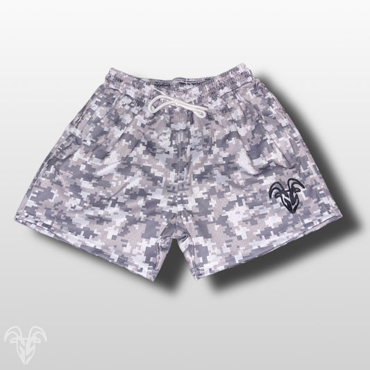 Goat Strength - Men’s 5 inch inseam shorts - Mesh athletic Digital Snow Camo design shorts - Digital Snow Camo design shorts - Zipper pockets - Men's Shorts