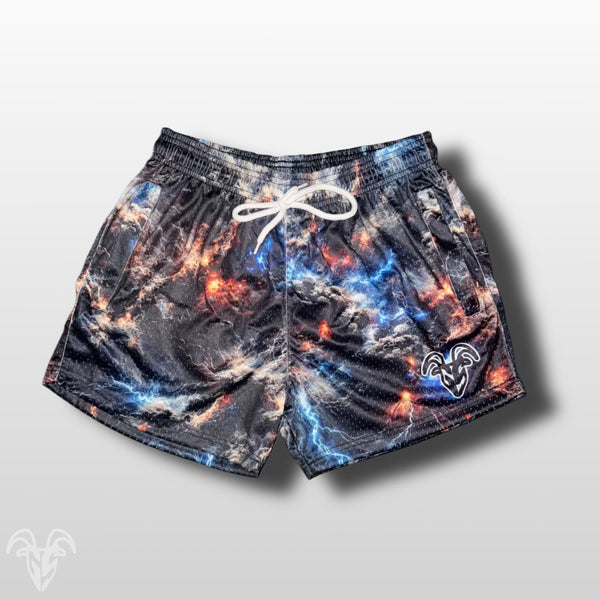 Goat Strength Galaxy Storm Cloud mesh shorts front