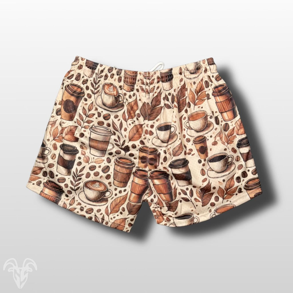 Goat Strength 5" Inseam Mesh Shorts - Coffee-Themed Design - Athletic stretchy material breathable for workouts or just casual wear