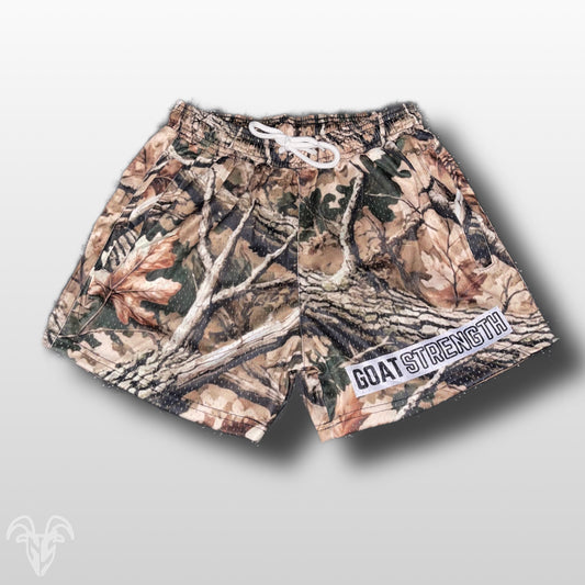 Goat Strength - Men’s 5 inch inseam shorts - Mesh athletic Alternate Logo Hunter Camo Shorts - Zipper pockets - Men's Shorts