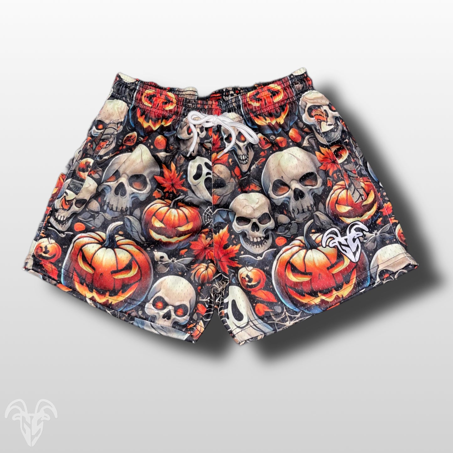 Goat Strength - Men’s 5 inch inseam shorts - Mesh athletic Skull and Jack-o-Lantern Halloween Shorts - Zipper pockets - Men's Shorts