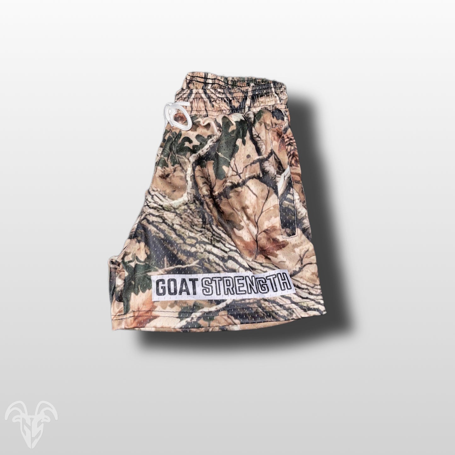 Goat Strength - Men’s 5 inch inseam shorts - Mesh athletic Alternate Logo Hunter Camo Shorts - Zipper pockets - Men's Shorts