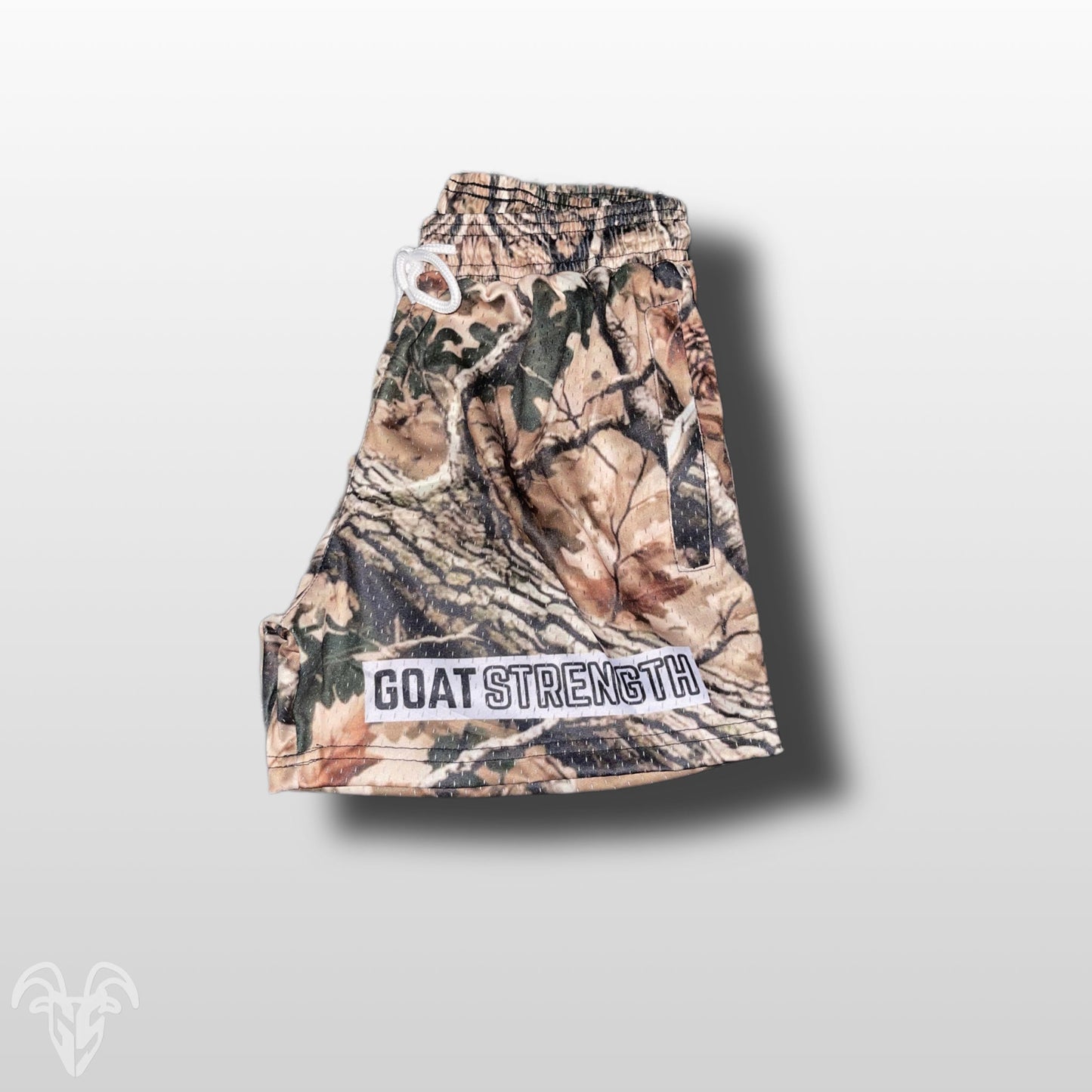 Goat Strength - Men’s 5 inch inseam shorts - Mesh athletic Alternate Logo Hunter Camo Shorts - Zipper pockets - Men's Shorts