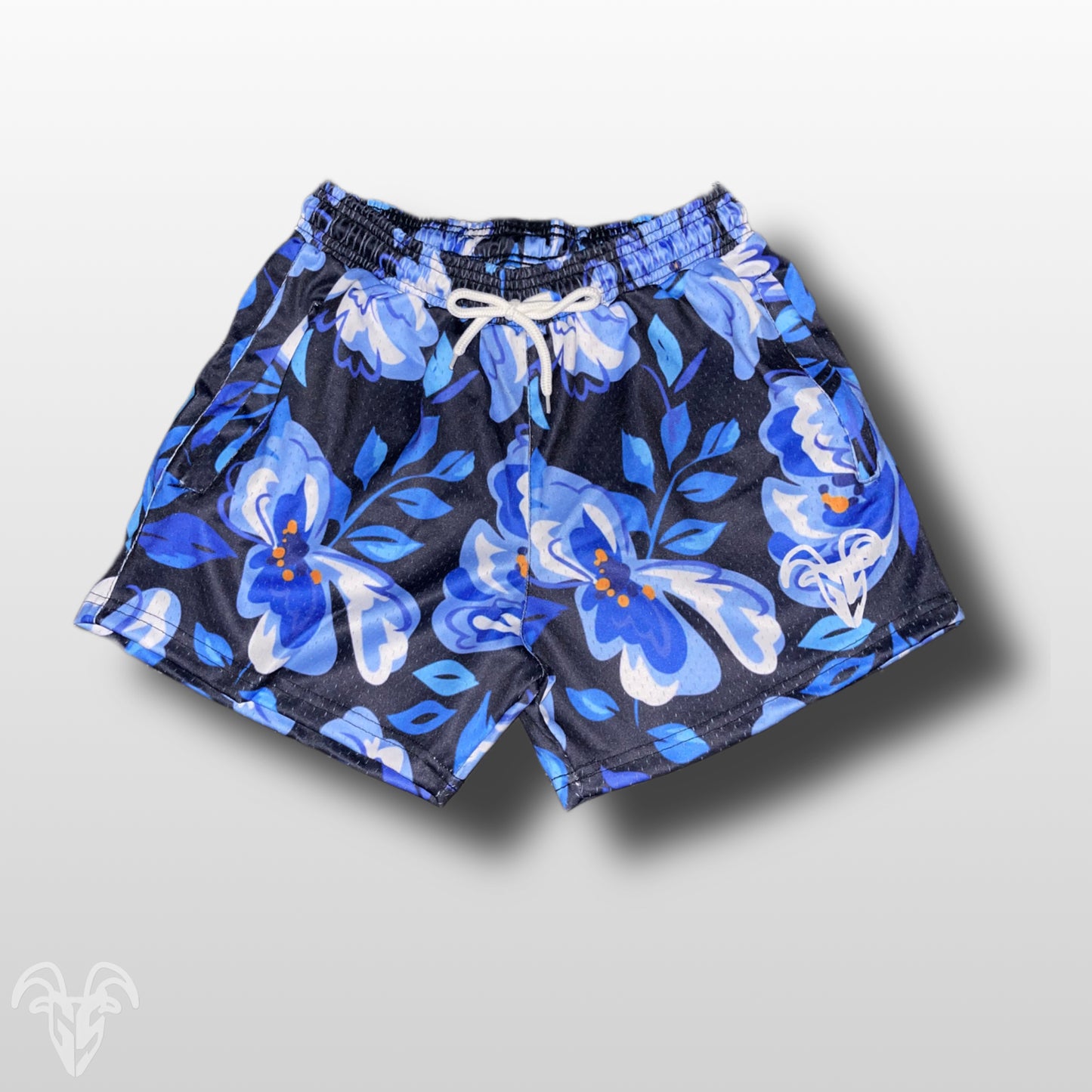 Blue Floral Design - 5 Inch Inseam Mesh Shorts - Gym Shorts With Zipper Pockets