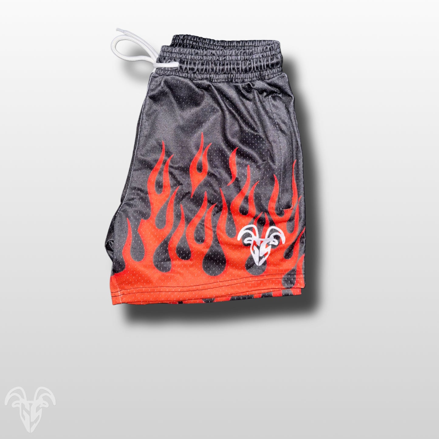 Goat Strength 5" Inseam Mesh Shorts - Black with Orange Flame Themed Design - Athletic stretchy material breathable for workouts or just casual wear