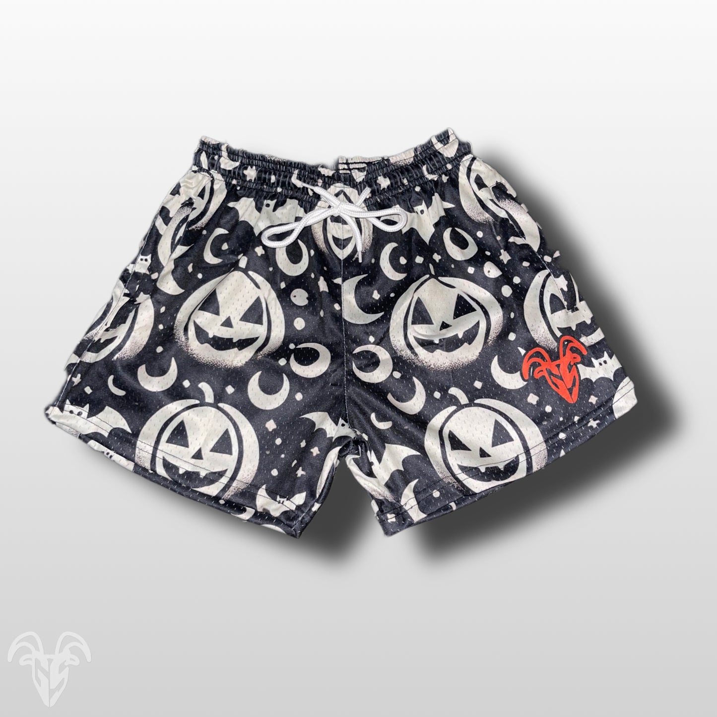 Goat Strength - Men’s 5 inch inseam shorts - Mesh athletic White Moon and Jack-o-Lantern Halloween Shorts - Zipper pockets - Men's Shorts