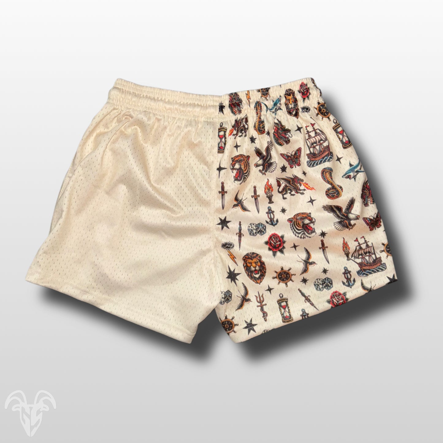 Goat Strength Half Cream Color Wire Half Traditional Tattoo Design Pattern Shorts - 5 Inch Inseam, Breathable Elastic Workout Gym Shorts - Zipper Pockets outfits workout fit