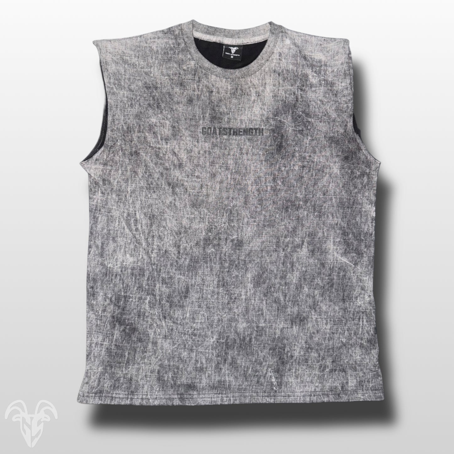 Goat Strength Black & White Washed Cotton Cutoff  - Premium Quality Tank Top T-Shirt for Casual Wear & Athletic Activities - Gym Pump Cover with over the shoulder Acid Wash Tank Cut-Off