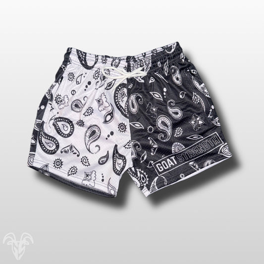 Goat Strength Half Black Bandana Half White Bandana Shorts - 5 Inch Inseam, Breathable Elastic Workout Gym camouflage Shorts - Zipper Pockets outfits workout fit