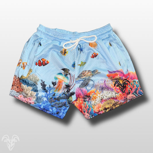 5-Inch Inseam Gym Shorts with Zipper Pockets - Stylish Blue Ocean Pattern Design for Active Wear