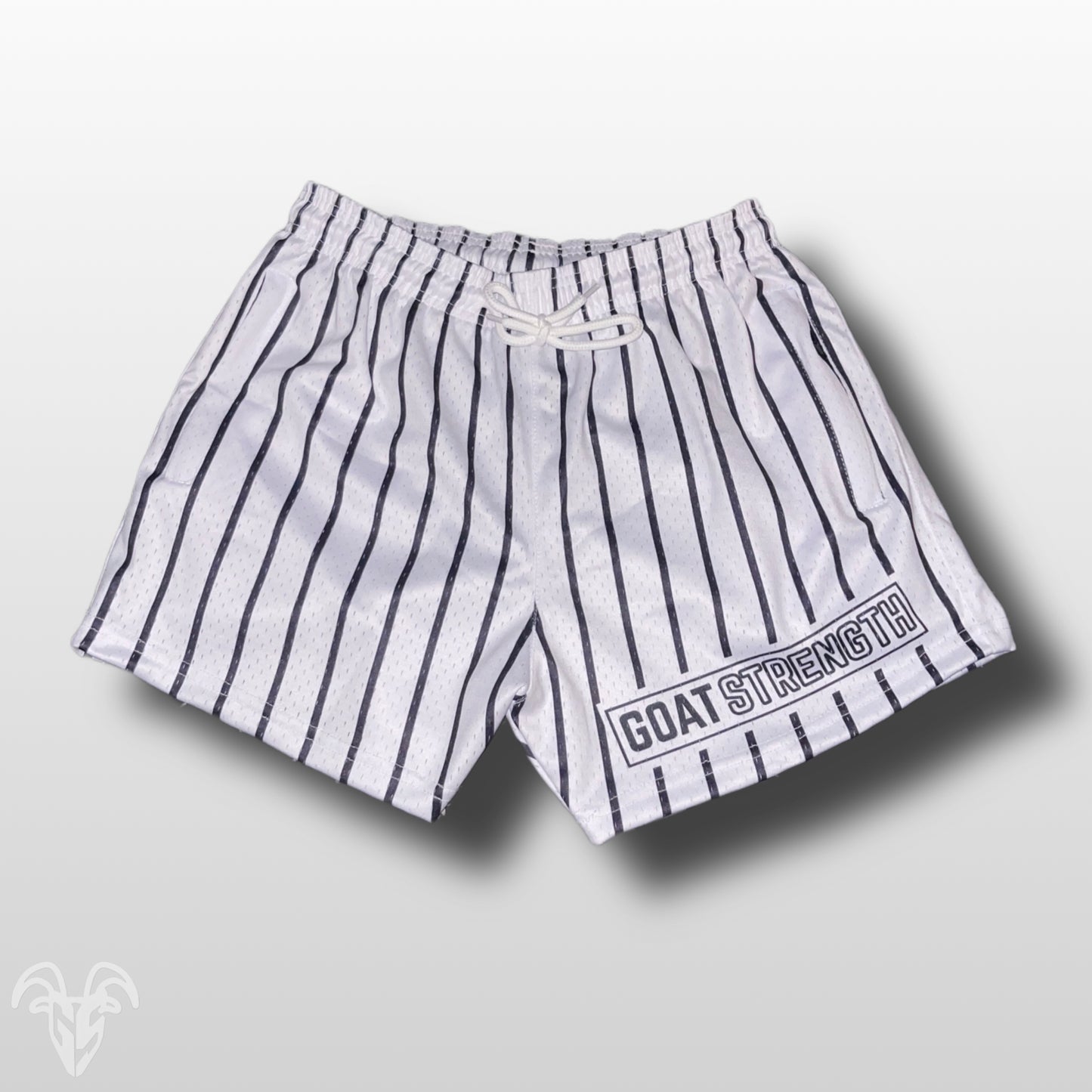 Goat Strength - Men’s 5 inch inseam shorts - Mesh athletic White Pinstripe shorts - Baseball Pinstripe design shorts - Zipper pockets - Men's Shorts