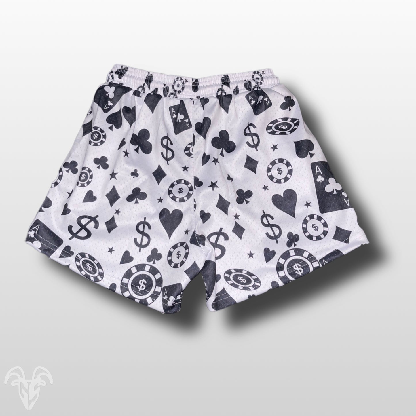 Goat Strength Casino Themed Mesh Gym Shorts - 5 inch inseam athletic shorts / graphic shorts w zipper pockets - Shorts with cards hearts poker chips