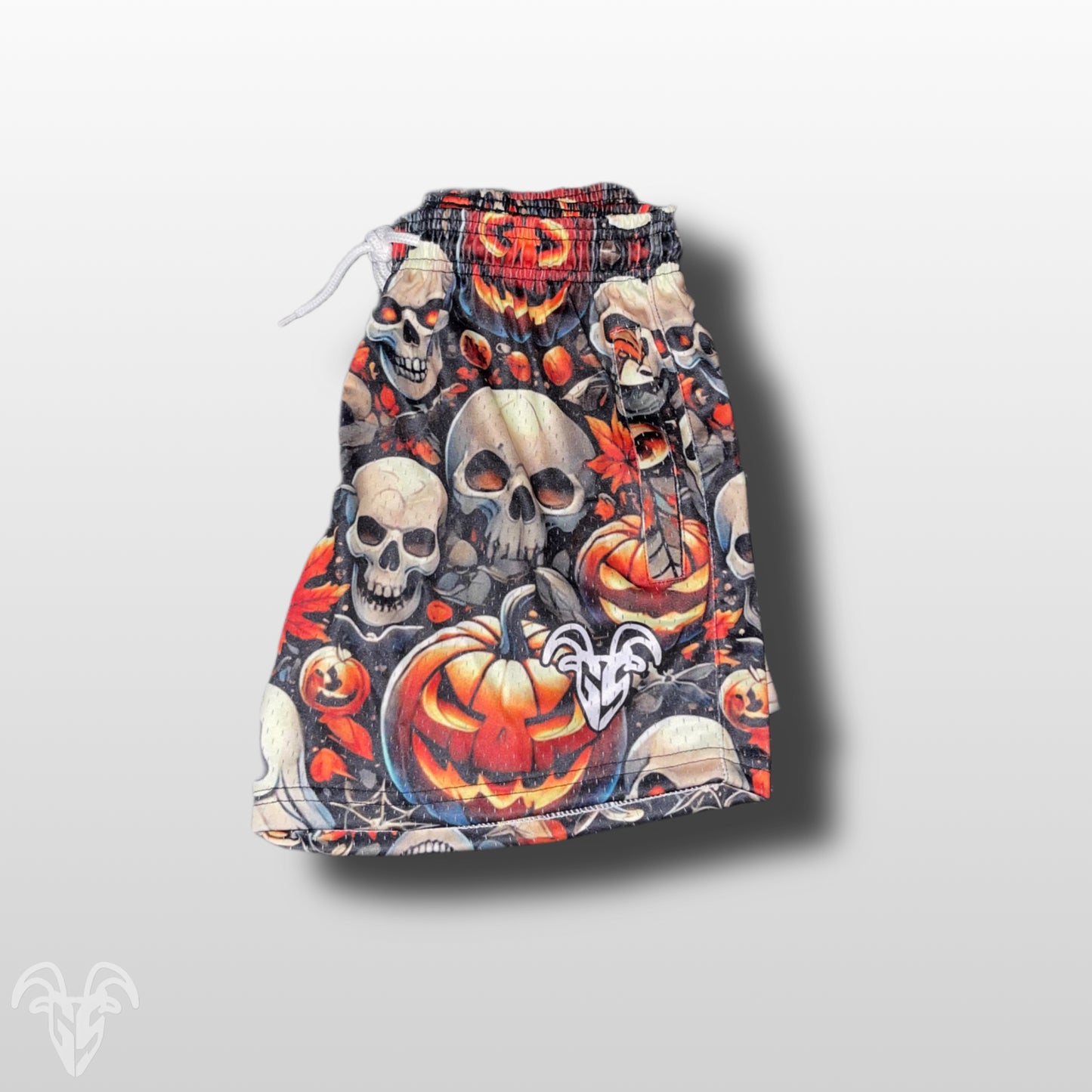 Goat Strength - Men’s 5 inch inseam shorts - Mesh athletic Skull and Jack-o-Lantern Halloween Shorts - Zipper pockets - Men's Shorts