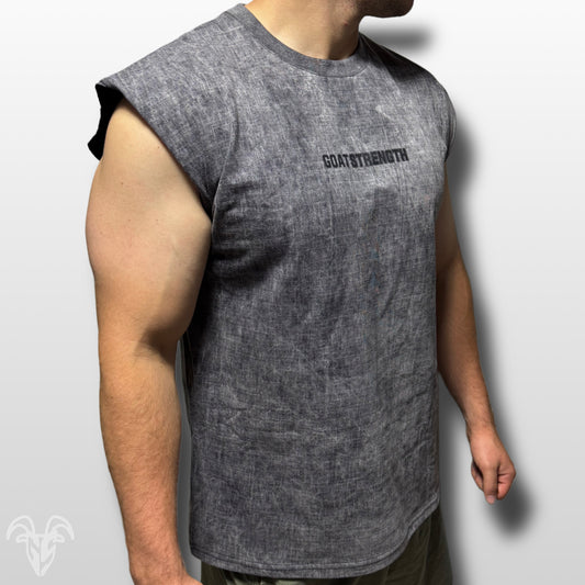 Goat Strength Black & White Washed Cotton Cutoff  - Premium Quality Tank Top T-Shirt for Casual Wear & Athletic Activities - Gym Pump Cover with over the shoulder Acid Wash Tank Cut-Off