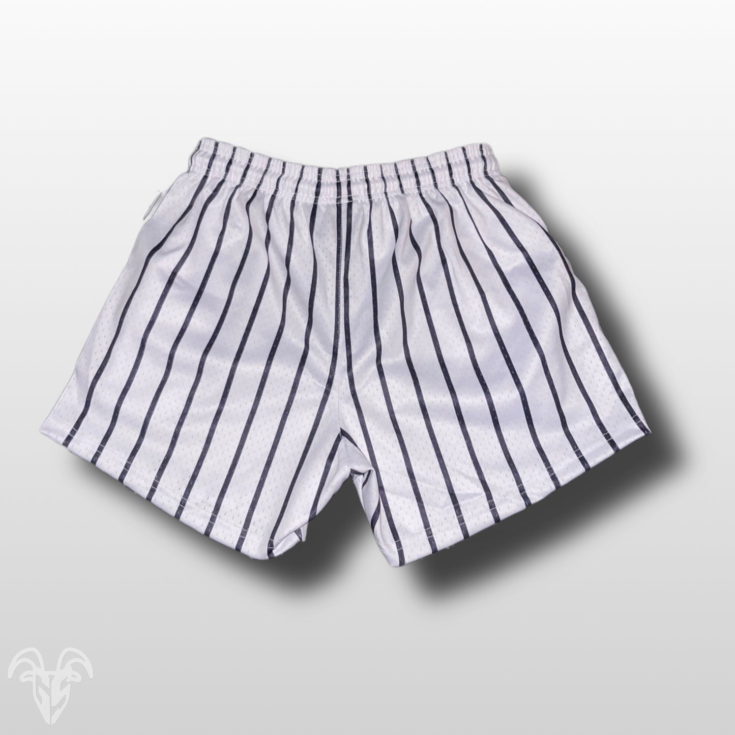 Goat Strength - Men’s 5 inch inseam shorts - Mesh athletic White Pinstripe shorts - Baseball Pinstripe design shorts - Zipper pockets - Men's Shorts