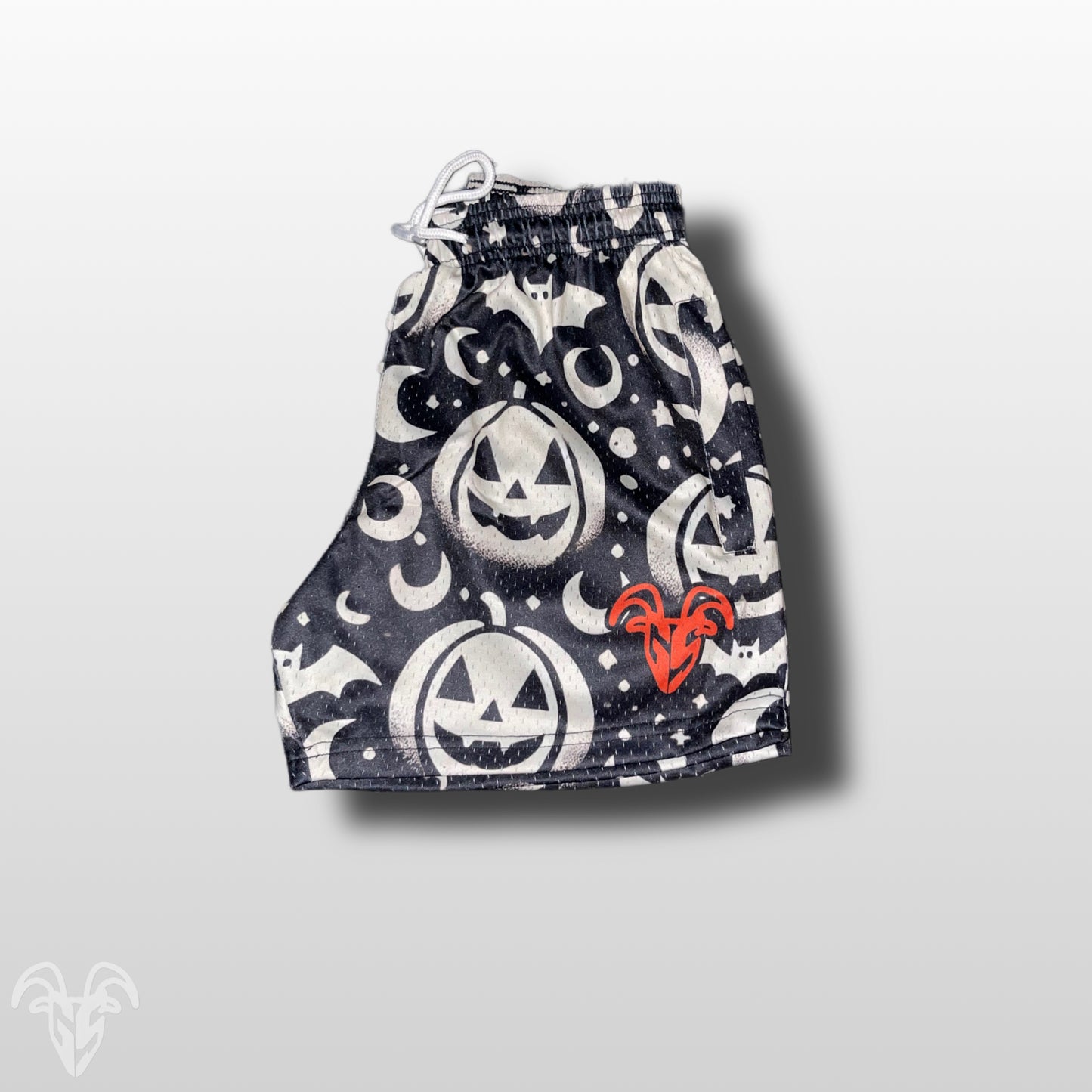 Goat Strength - Men’s 5 inch inseam shorts - Mesh athletic White Moon and Jack-o-Lantern Halloween Shorts - Zipper pockets - Men's Shorts