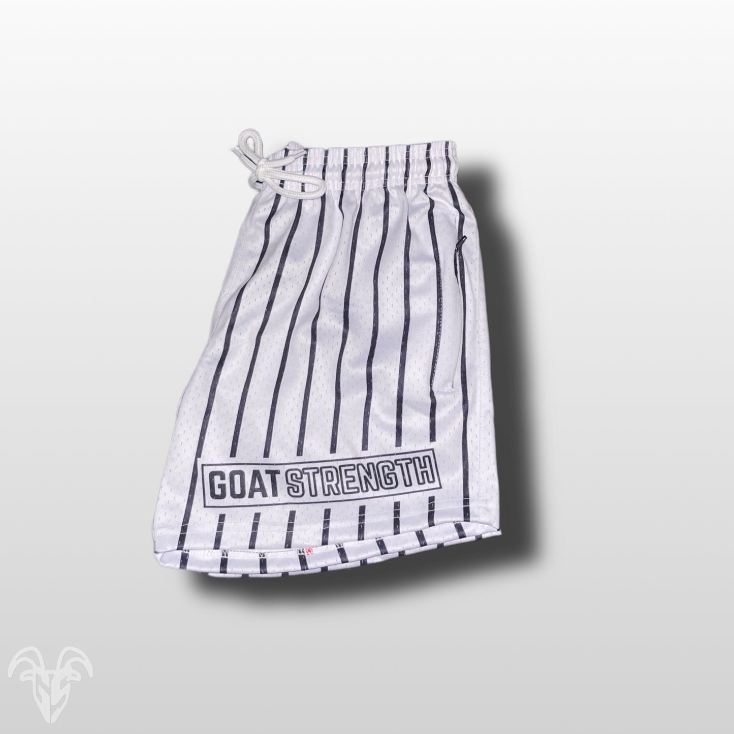 Goat Strength - Men’s 5 inch inseam shorts - Mesh athletic White Pinstripe shorts - Baseball Pinstripe design shorts - Zipper pockets - Men's Shorts