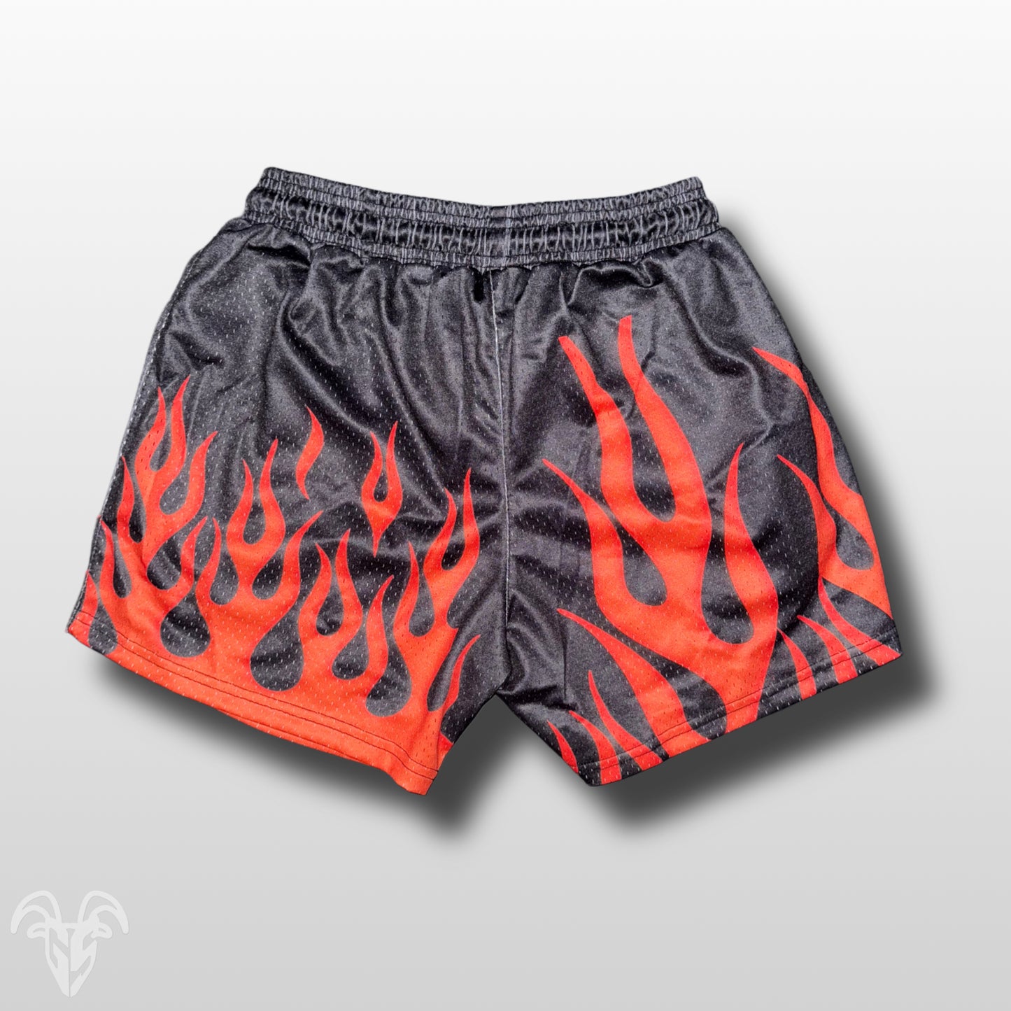 Goat Strength 5" Inseam Mesh Shorts - Black with Orange Flame Themed Design - Athletic stretchy material breathable for workouts or just casual wear