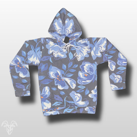 Goat Strength Blue Floral Pattern Hoodie - White Washed Acid Washed Sweater for Men & Women Sweaters, Realistic Floral Design Cotton Blend