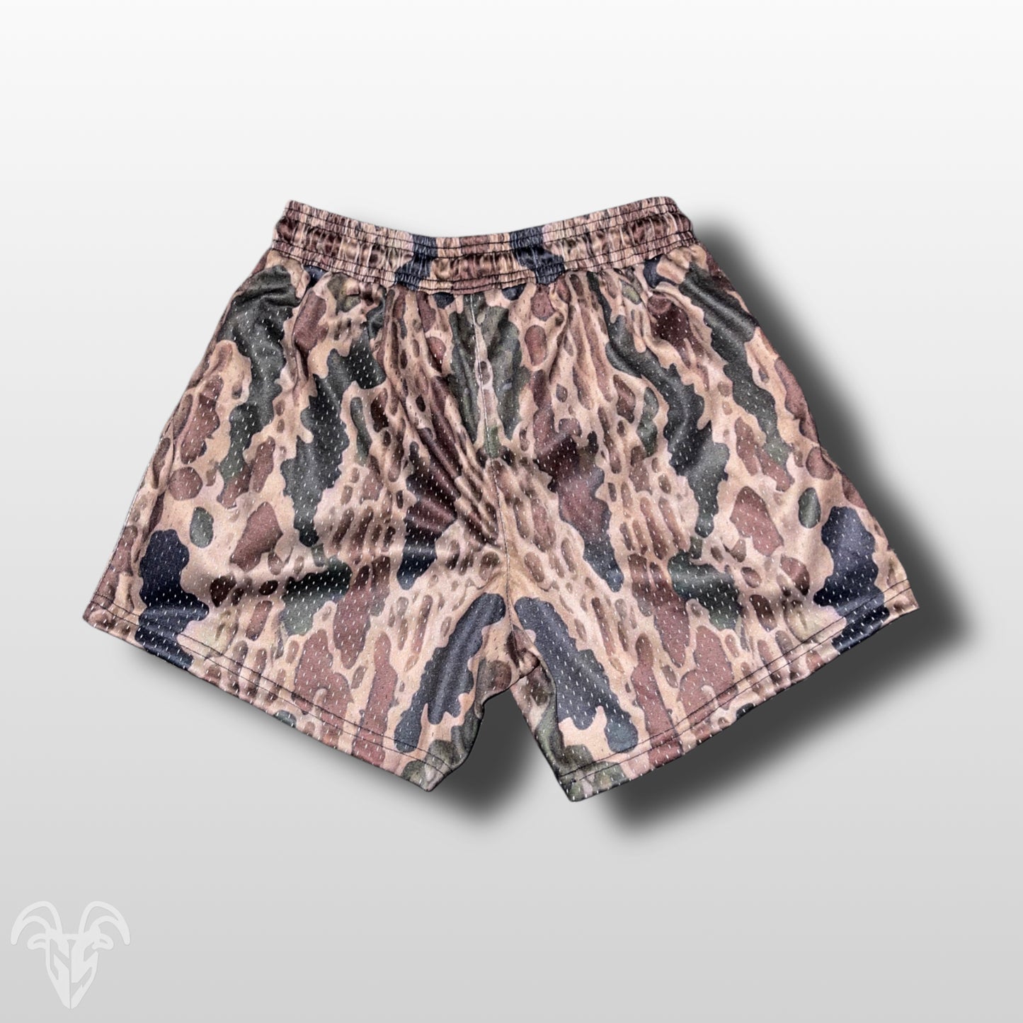 Goat Strength - Men’s 5 inch inseam shorts - Mesh athletic Bottomland Camo Shorts - Zipper pockets - Men's Shorts