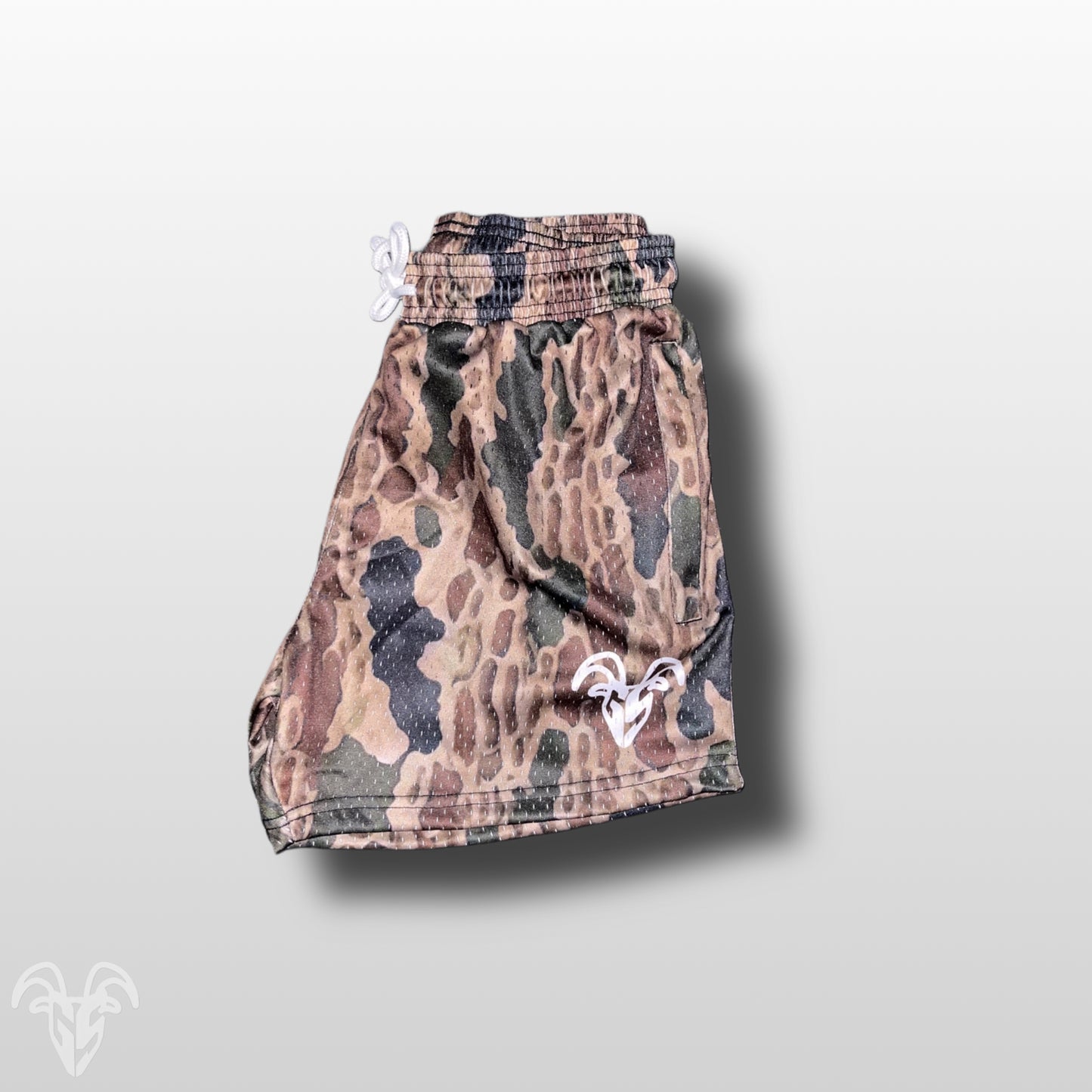 Goat Strength - Men’s 5 inch inseam shorts - Mesh athletic Bottomland Camo Shorts - Zipper pockets - Men's Shorts