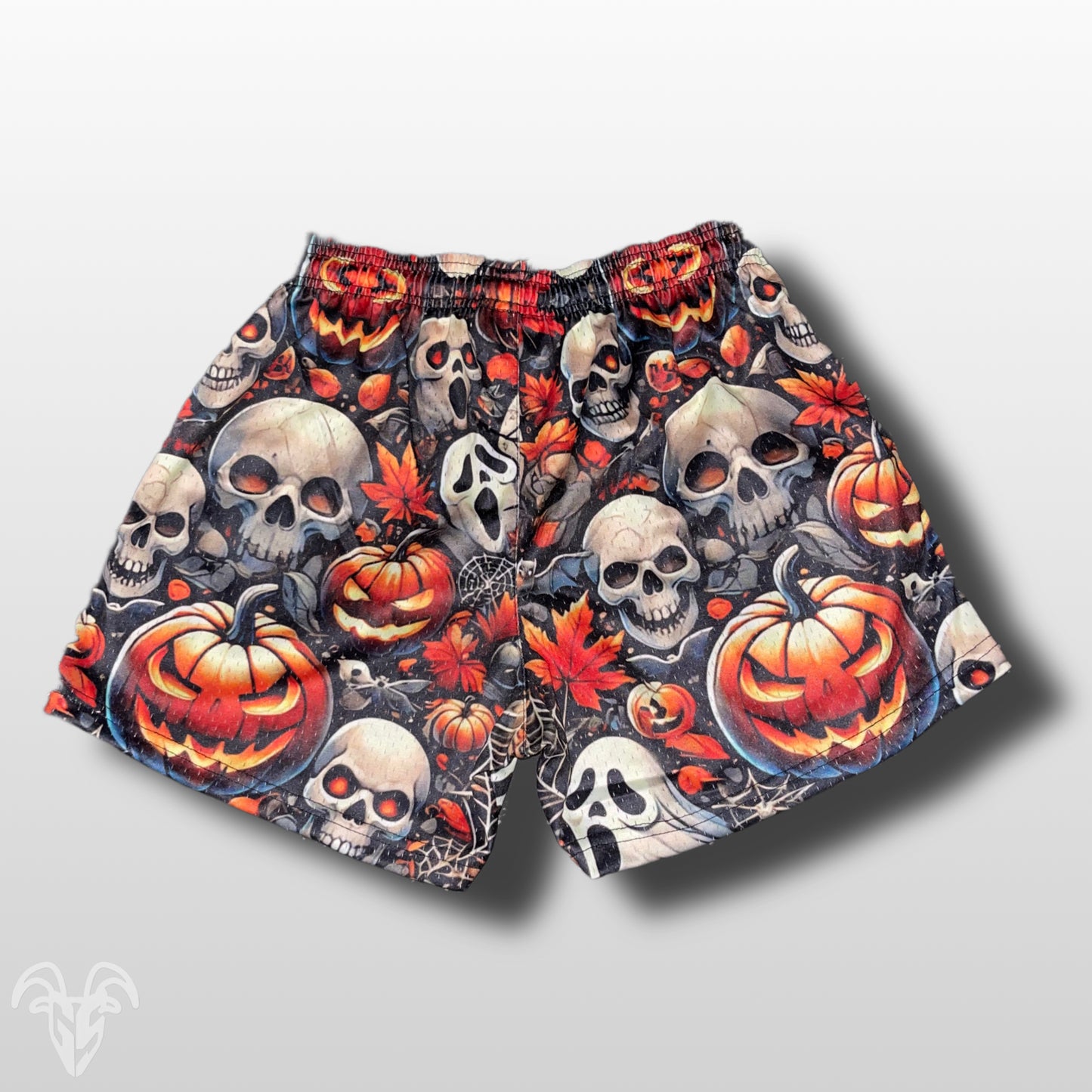 Goat Strength - Men’s 5 inch inseam shorts - Mesh athletic Skull and Jack-o-Lantern Halloween Shorts - Zipper pockets - Men's Shorts