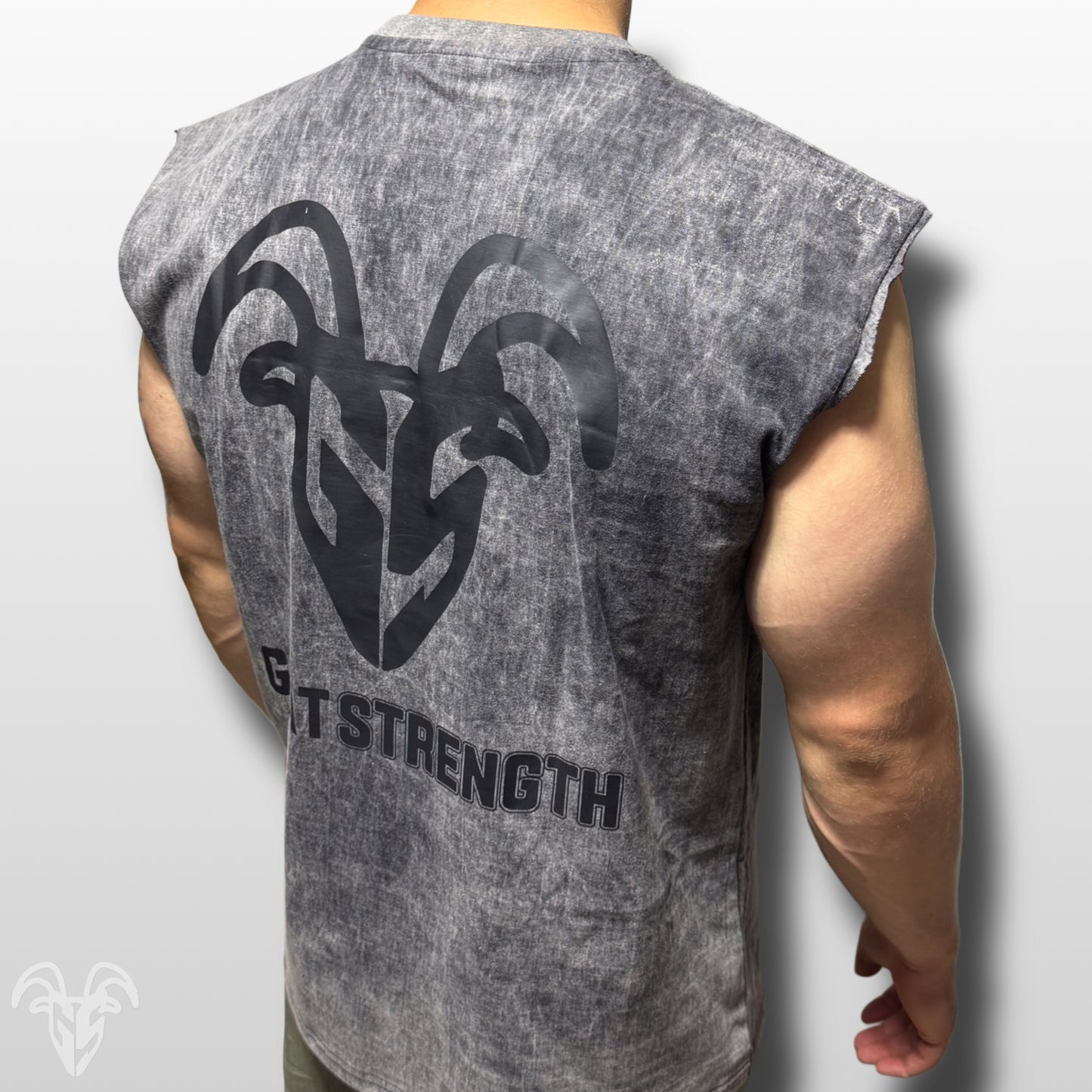 Goat Strength Black & White Washed Cotton Cutoff  - Premium Quality Tank Top T-Shirt for Casual Wear & Athletic Activities - Gym Pump Cover with over the shoulder Acid Wash Tank Cut-Off