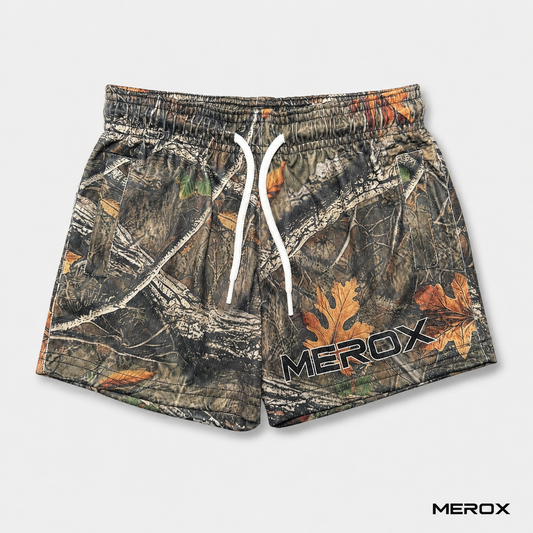 MEROX Youth woodland camo mesh shorts front view