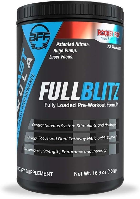 BFF Build Fast Formula FULLBLITZ Fully Loaded Pre-Workout | Energy Booster + Huge Dual Pathway Nitric Oxide Boosting Muscle Pumps, Laser Focus & Nootropic Blend – 24 Workouts (Rainbow Candy) - The GOAT Strength