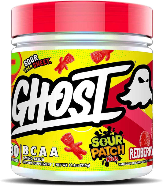 GHOST BCAA Amino Acids, Sour Patch Kids Blue Raspberry - 30 Servings - Sugar-Free Intra & Post Workout Powder & Recovery Drink, 7g BCAA Supports Muscle Growth & Endurance - Soy & Gluten-Free, Vegan - The GOAT Strength